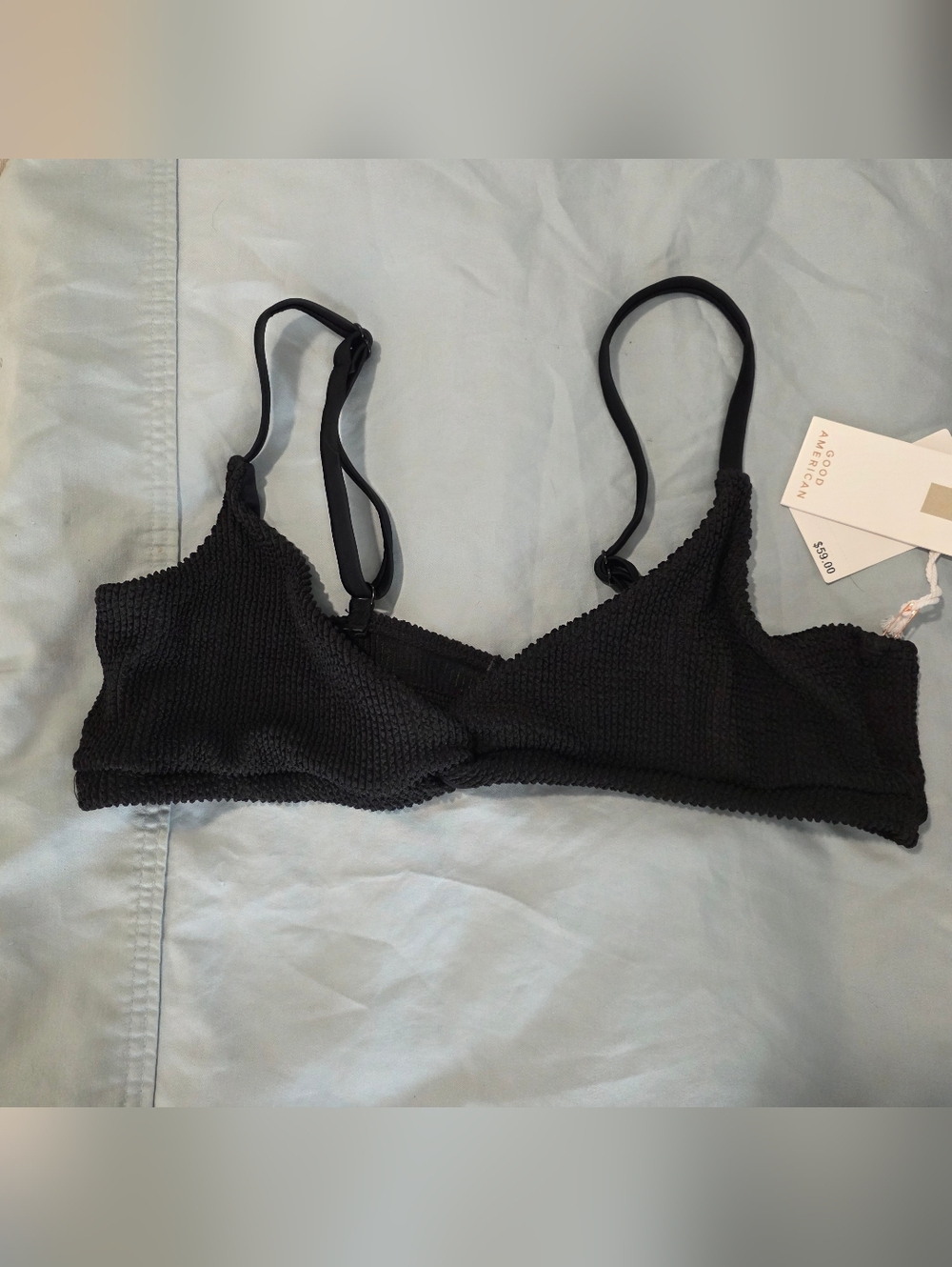 Good American Black Textured Swim Top with Adjustable Straps
